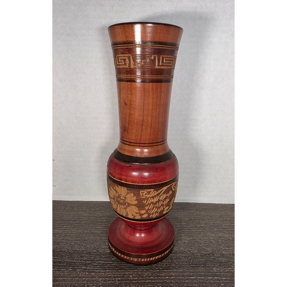 Vintage Hand Carved Wooden Bud Vase Floral‎ Etched Two Tone Brown Red 8"